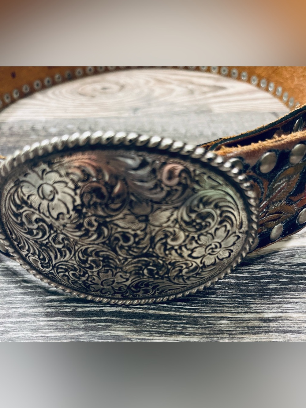 Engraved Medium Floral Silver Belt Buckle flowered belt
